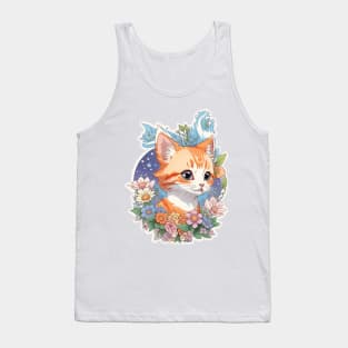 A Print Of Vivid Cute Kitten Cat Head With Fantasy Flowers Tank Top